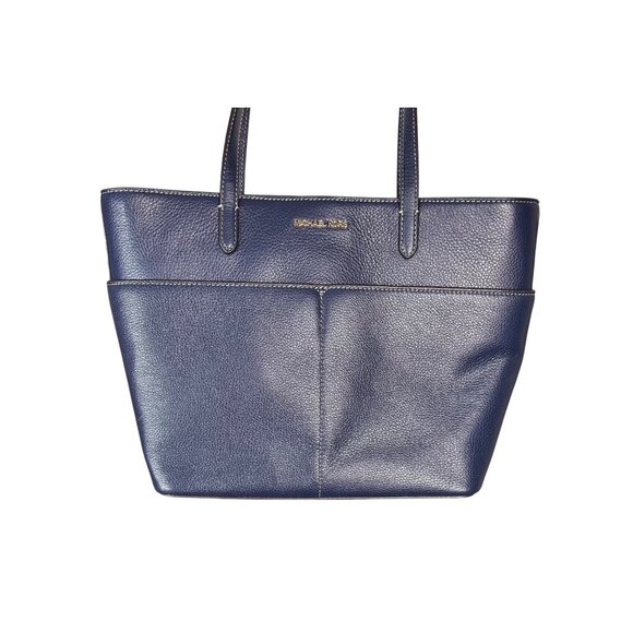 Michael Kors Navy Blue Leather Tote Bag Dual Handles Front  Michael Kors Navy Blue Leather Tote Bag Dual Handles Front Pockets MRSP 298.00